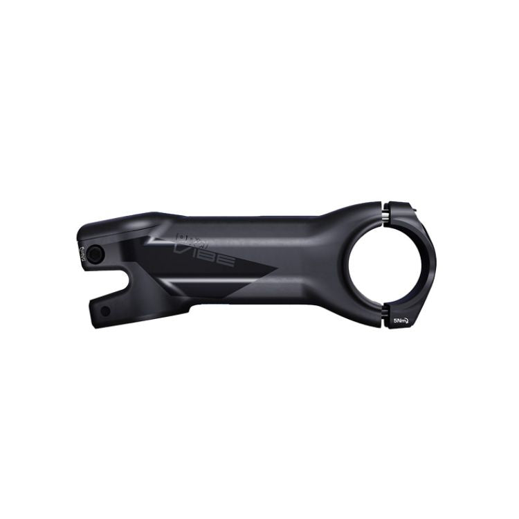 Side view of a black bicycle stem with an integrated, aerodynamic shape and matte finish. The stem features subtle gray graphics on the body, a circular steerer clamp at the rear, and a two-bolt handlebar clamp at the front. Displayed on a light gray background.