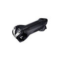 Three-quarter front view of a black bicycle stem with a matte finish and aerodynamic profile. The stem features a four-bolt handlebar faceplate with two visible silver bolts, smooth sculpted contours, and subtle gray graphics along the side. Displayed on a light gray background.