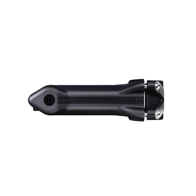 Top view of a black bicycle stem with a sleek, aerodynamic design and matte finish. The stem features a tapered body with subtle gray graphics along the center, a recessed bolt opening at the rear, and a front handlebar faceplate secured by two visible silver bolts. The component is isolated on a light gray background.