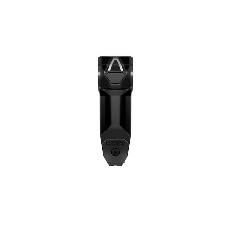 Black industrial sensor or measuring device viewed from the top/front. The elongated body features angular contours, a button-like panel near the top, and a circular connector or mounting point at the lower end. Shown against a light gray background.
