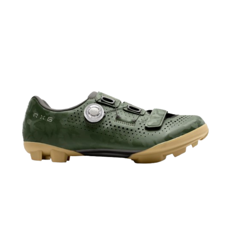 Green cycling shoe with tan rubber sole and clear BOA dial, right view