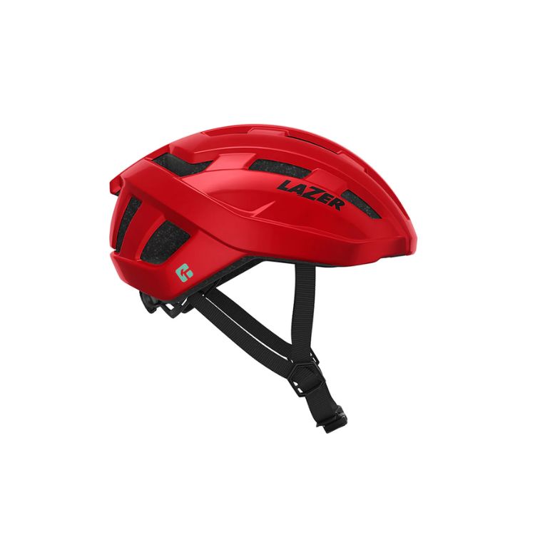 Lazer Tempo red helmet with black strap with Lazer logo, right view