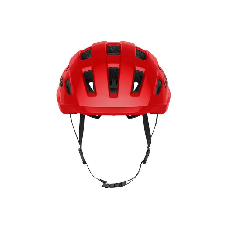 Lazer Tempo red helmet with black strap, front view
