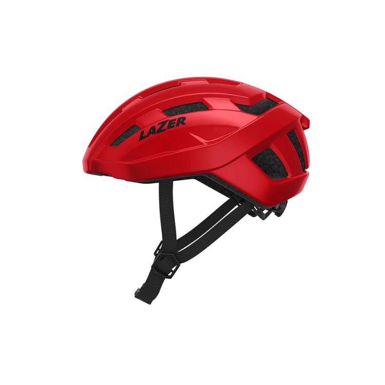 Lazer Tempo red helmet with black strap with Lazer logo, left view