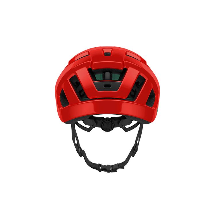 Lazer Tempo redhelmet with black strap with Lazer logo, back view