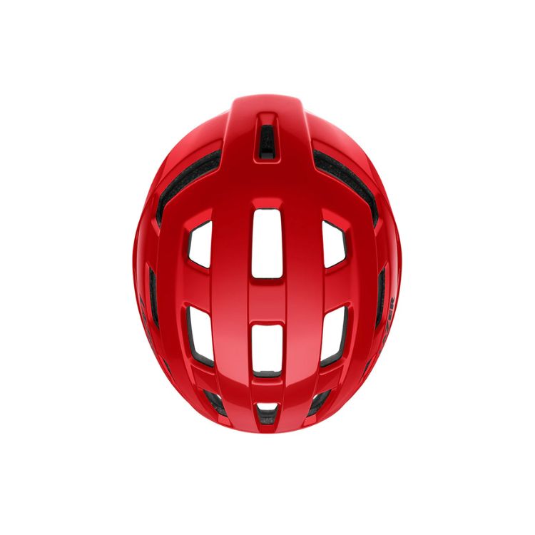 Lazer Tempo red helmet with black strap with Lazer logo, top view