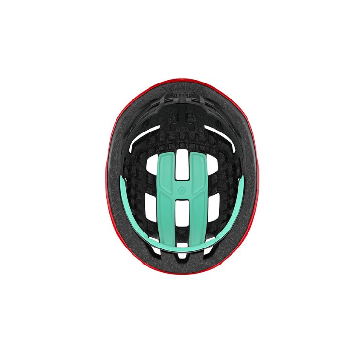 Lazer Tempo red helmet with black strap with Lazer logo, bottom view
