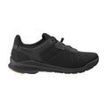Black cycling shoe, black laces, Shimano logo, black rubber sole, right view