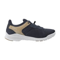 Navy cycling shoe with beige accents, navy laces, Shimano logo, white rubber sole, right view