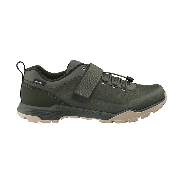 Olive shoe with a strap, Shimano logo, light brown and olive sole, right view