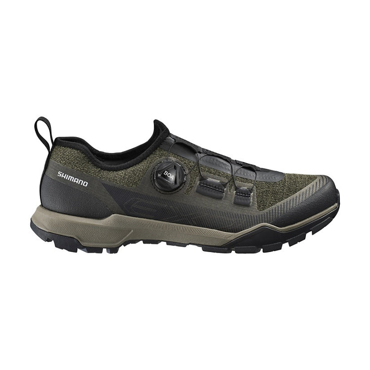 Olive shoe with one black BOA dial, Shimano logo, green and black rubber sole, right view