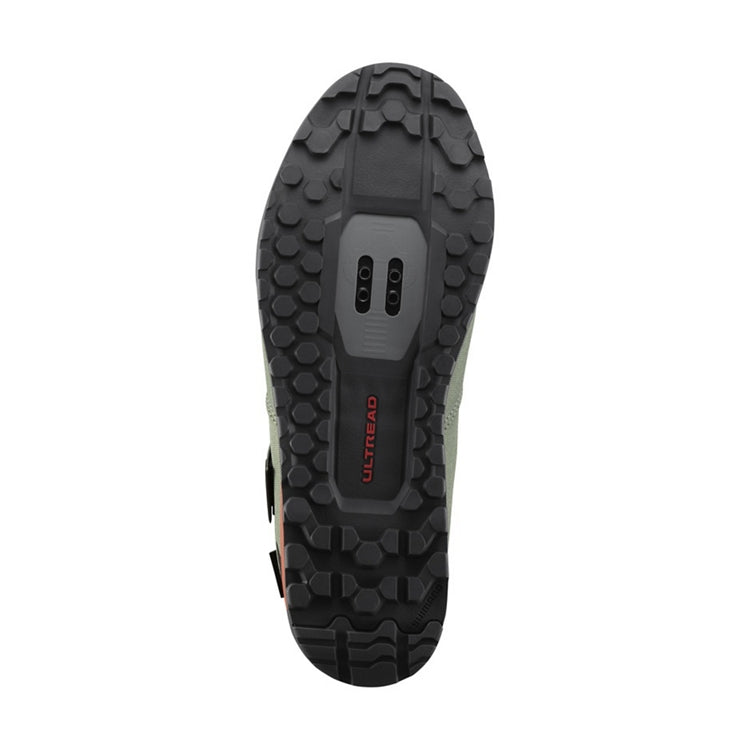 Close up of black rubber sole with SPD, 'Ultread' branding, bottom view
