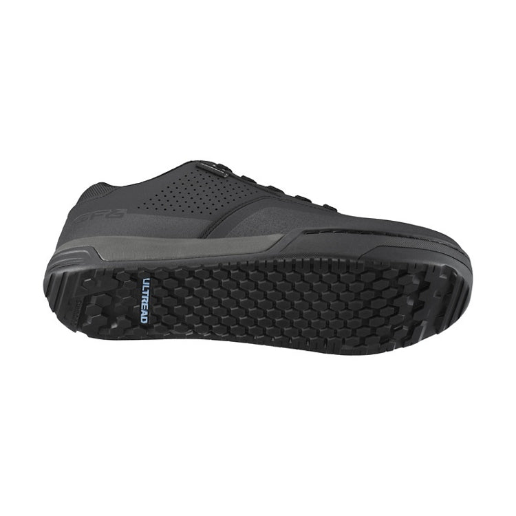 Black shoe and black sole with laces, 'Ultread' branding, bottom view