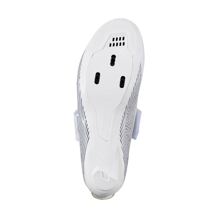 White cycling shoe with gradient stripes and cleat, bottom view