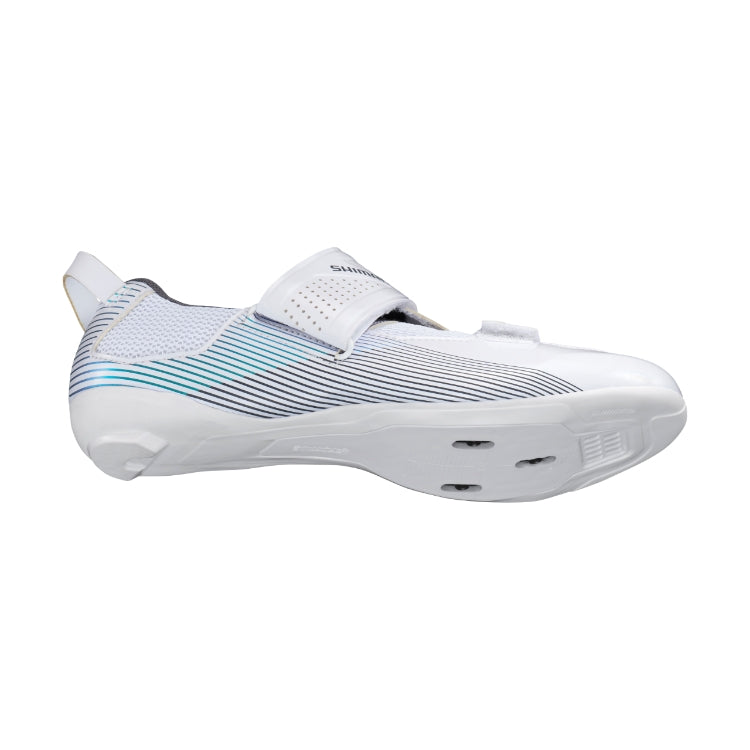 White cycling shoe with gradient stripes with Shimano logo on strap, bottom view 