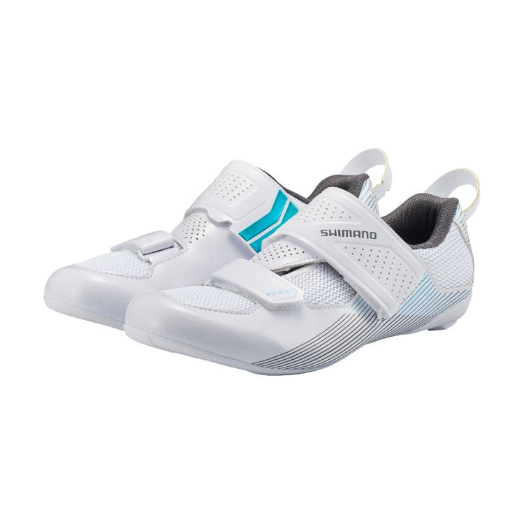 A pair of cycling shoe with gradient stripes with Shimano logo on strap, white shoe loop at the back, left view