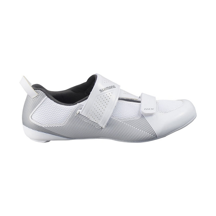 White cycling shoe with black stripes with Shimano logo on strap, right view