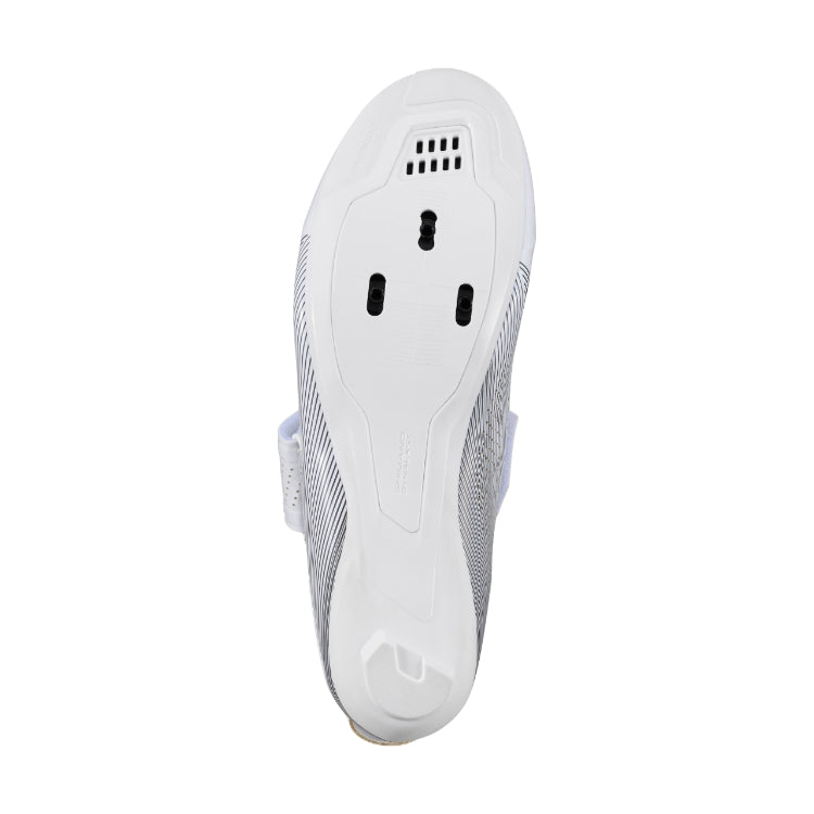 White cycling cleat shoe with black stripes, bottom view
