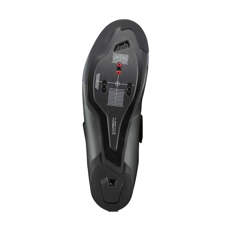 Shimano black cycling cleat shoe, bottom view