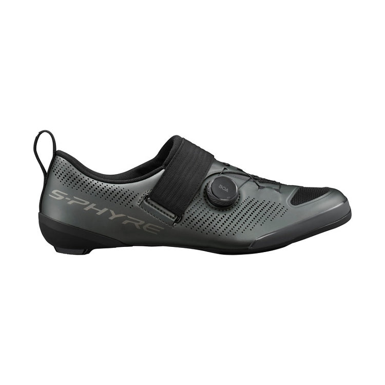Shimano black cycling shoe with black strap and black BOA dial with 'S-PHYRE' branding, right view