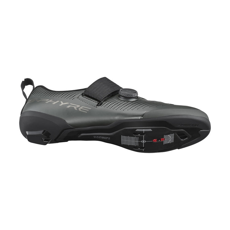 Shimano black cycling shoe with black strap and black BOA dial with 'S-PHYRE' branding, bottom view