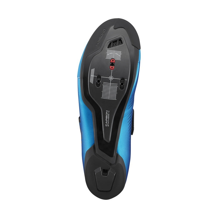 Shimano blue cycling cleat shoe, bottom view
