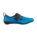 Shimano blue cycling shoe with black strap and black BOA dial with 'S-PHYRE' branding, right view