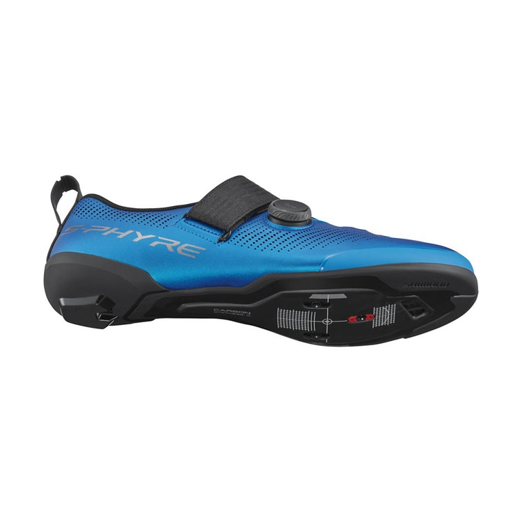 Shimano blue cycling shoe with black strap and black BOA dial with 'S-PHYRE' branding, bottom view