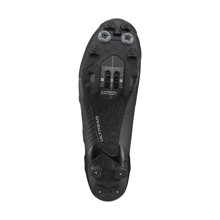 Black Shimano cycling cleat shoe sole ultread rubber sole, bottom view