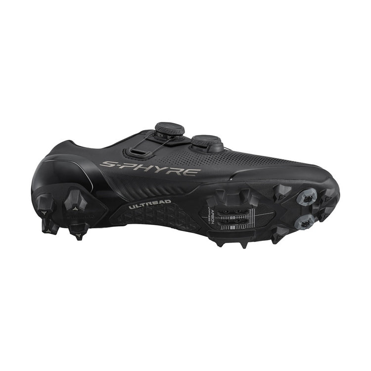 Black cycling shoe with 'S-Phyre' branding, with 2 black BOA dials, bottom view