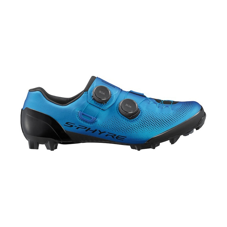 Blue cycling shoe with black accents, S-PHYRE wordings with 2 black BOA dials, right view