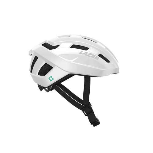 Lazer Tempo white helmet with black strap with Lazer logo, left view