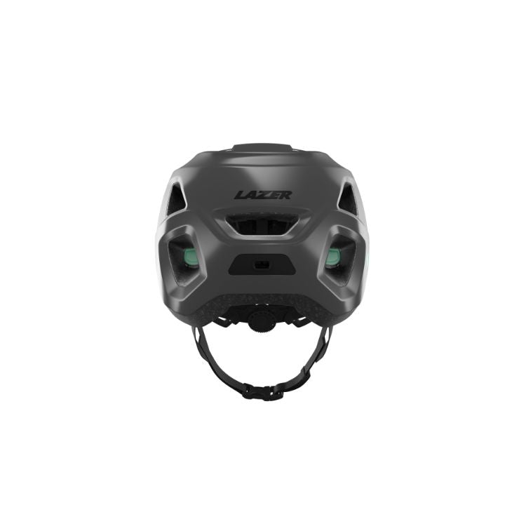 Lazer Lupo Titanium helmet with black strap with Lazer logo, back view