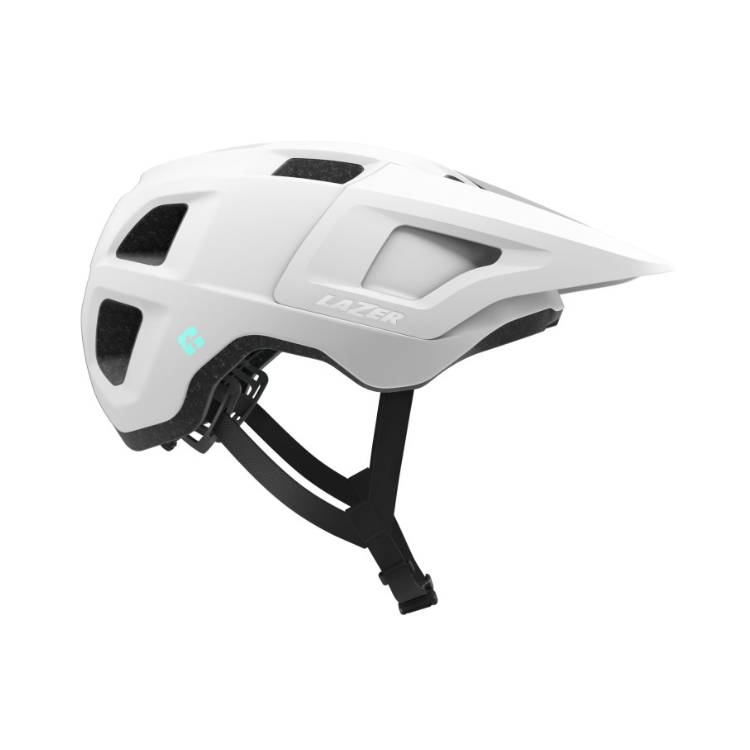 Lazer Lupo matte white helmet with black strap with Lazer logo, right view