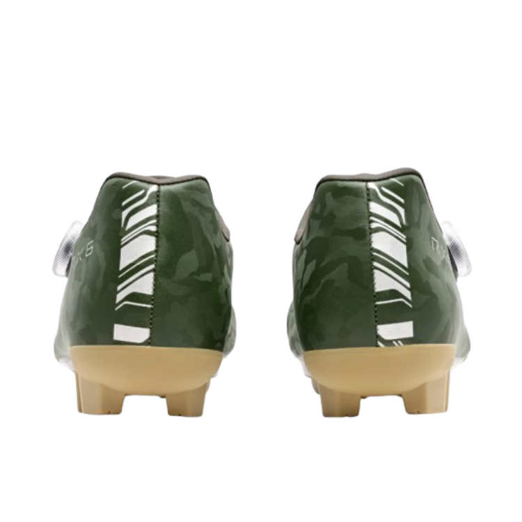 Pair of green cycling shoes with tan rubber sole and clear BOA dial, back view