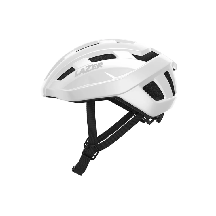 Lazer Tempo white helmet with black strap with Lazer logo, left view