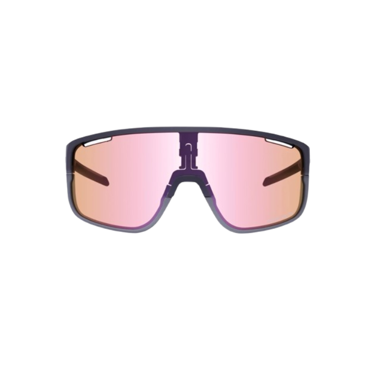 Shimano Pulsar eyewear with pink reflective lenses and matte black frame with ridescape tr wording, front view