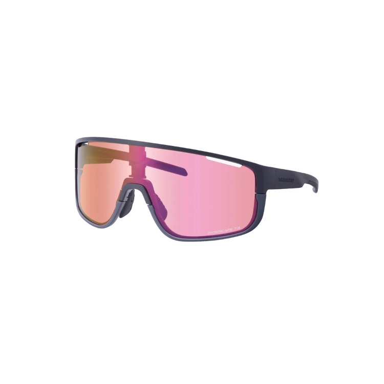 Shimano Pulsar eyewear with pink reflective lenses and matte black frame with ridescape tr wording, left view
