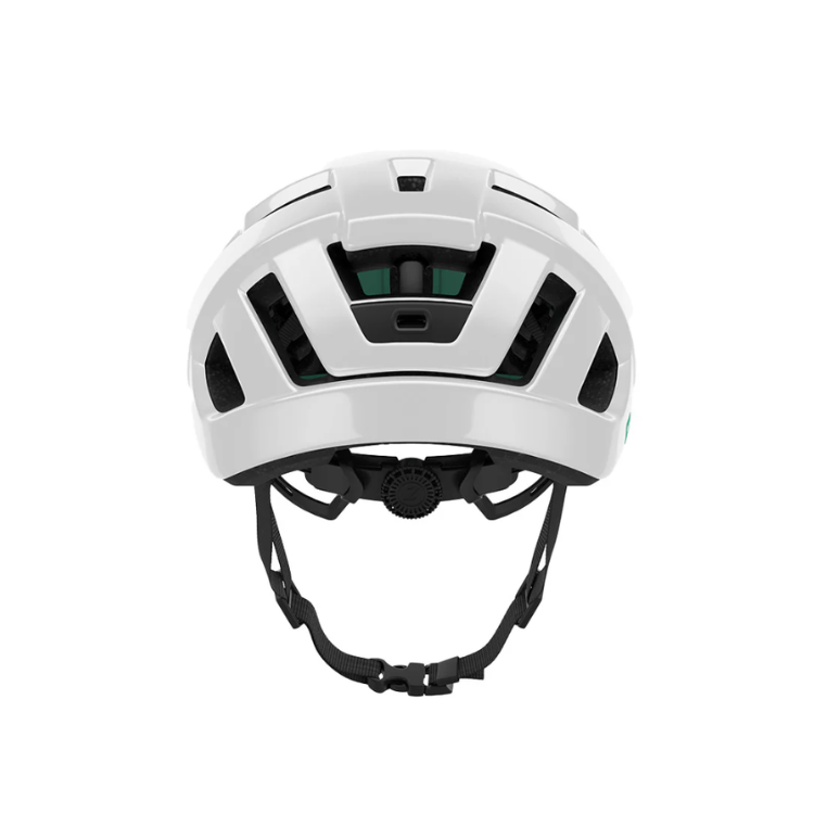 Lazer Tempo white helmet with black strap, back view