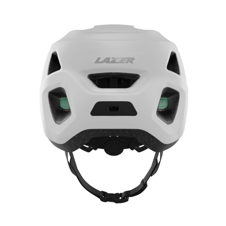 Lazer Lupo matte white helmet with black strap with Lazer logo, back view