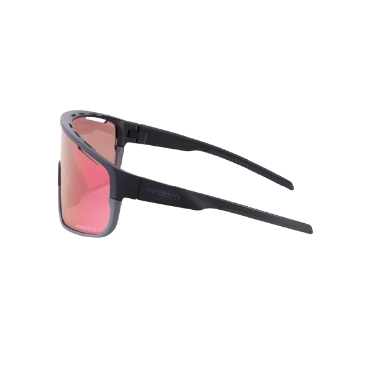 Shimano Pulsar eyewear with pink reflective lenses and matte black frame with ridescape tr and Shimano wording, left view