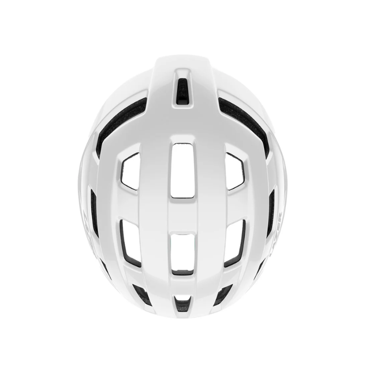 Lazer Tempo white helmet with black strap, top view