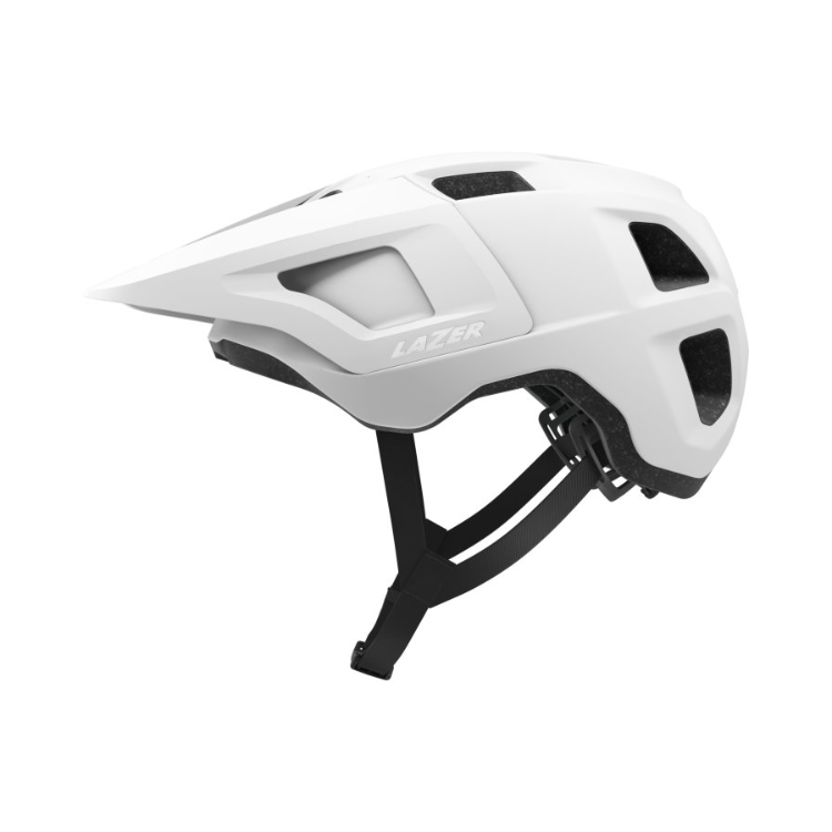 Lazer Lupo matte white helmet with black strap with Lazer logo, left view