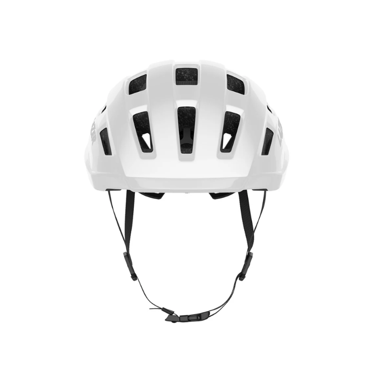 Lazer Tempo white helmet with black strap, front view