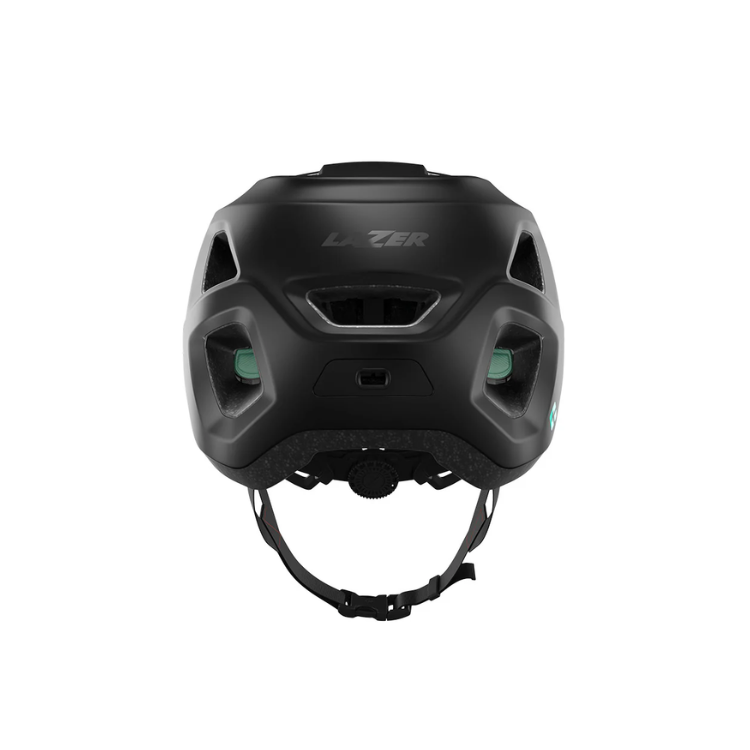 Lazer Lupo matte black helmet with black strap and Lazer logo, back view