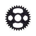Black Shimano direct-mount bicycle chainring with 32 narrow-wide teeth, six recessed fastening bolts, and a splined center interface, shown against a light gray background.
