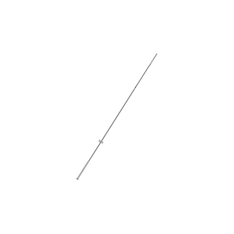 Thin silver metal spoke with a threaded section and nipple seat, shown diagonally against a light gray background. The long, straight bicycle wheel spoke features a slight bend near one end and a small fitting positioned along the shaft.