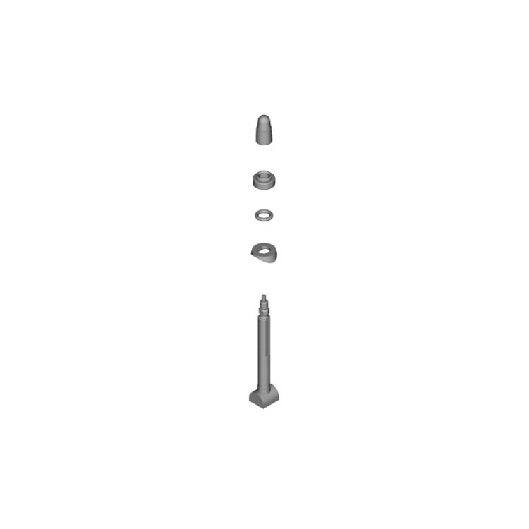 Exploded 3D rendering of a bicycle valve assembly, showing a valve stem, sealing washer, retaining nut, valve cap, and internal components aligned vertically against a light gray background.