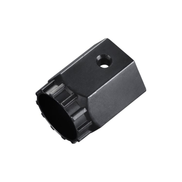 Black bicycle bottom bracket lockring tool with a splined circular opening and a mounting hole, designed for installing and removing threaded bottom bracket components, shown against a light gray background.
