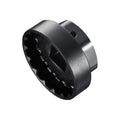 Shimano TL-FC34 bottom bracket adapter tool in black steel, featuring a 16-notch splined interface and square drive opening for installing and removing Shimano bottom bracket components, shown against a light gray background.